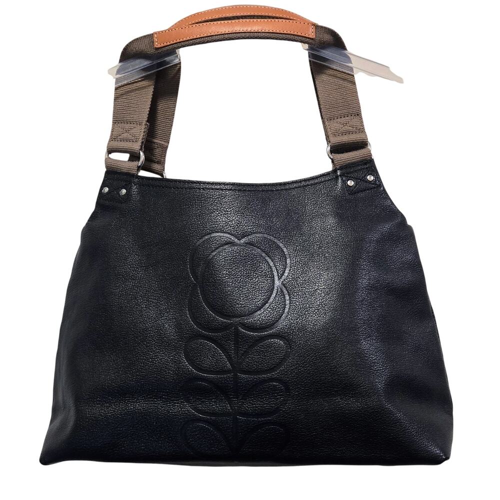 Orla Kiely Beautiful Pebbled Footed Black Flower Leather Shoulder Bag 15x5x8